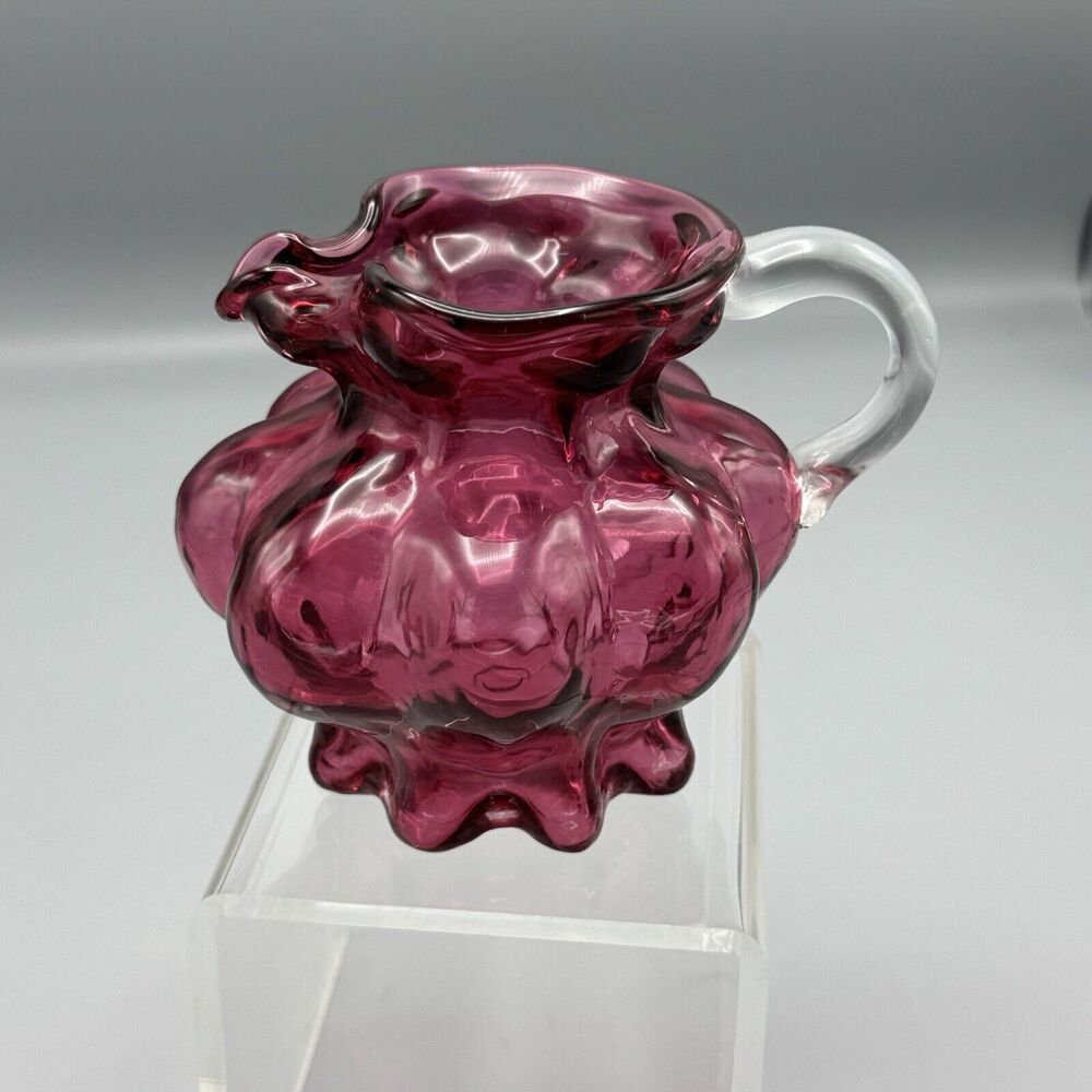 Vtg Unmarked Hand Blown Cranberry Melon Pitcher Vase Applied Clear Handle Imperf